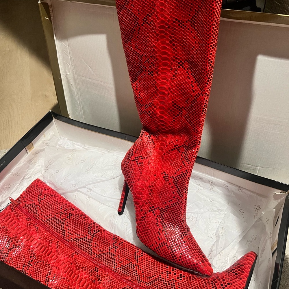 Red Snake-Print Knee-High Stiletto Boots - Women